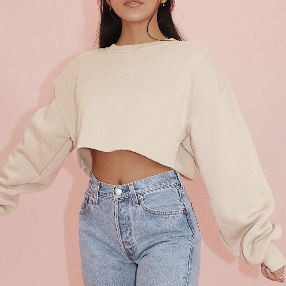 NWT BOOHOO Tan Nude Raw Hem Cropped Crewneck Sweatshirt